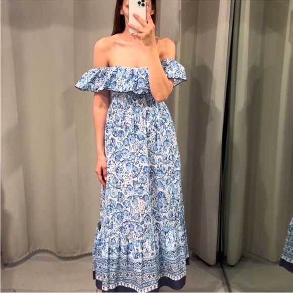 ZARA Portofino FLORAL PRINT OFF THE SHOULDER DRESS - Picture 12 of 12
